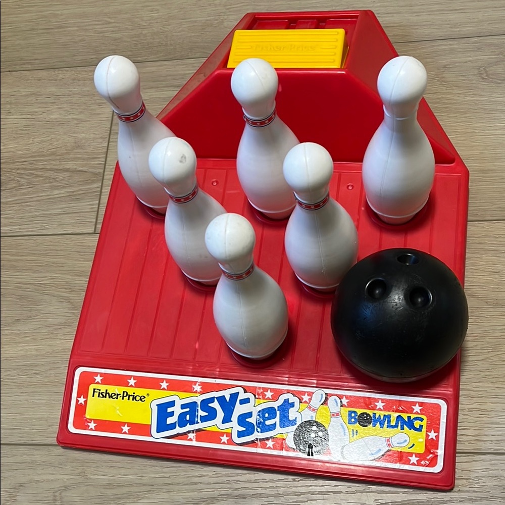 Vintage Fisher-Price Easy-Set Bowling Toy - Red with White Pins and Black Ball